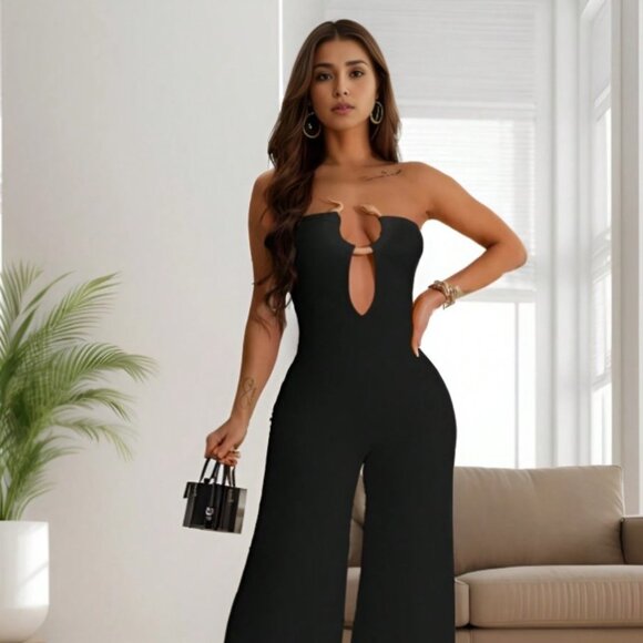 Pants - Women’s Smocked Wide-leg Strapless Snake Charm Jumpsuit